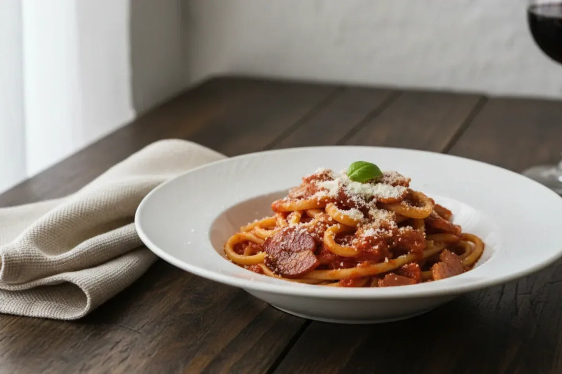 Authentic Roman amatriciana recipe with Guanciale, Pecorino Romano DOP and tomato