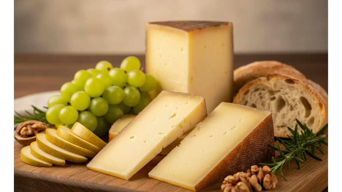 Formaggio Bagoss di Bagolino stagionato con crosta scura oleosa e pasta gialla allo zafferano, con uva verde, pera a fette e rosmarino fresco su tagliere rustico — presidio Slow Food della Val Caffaro