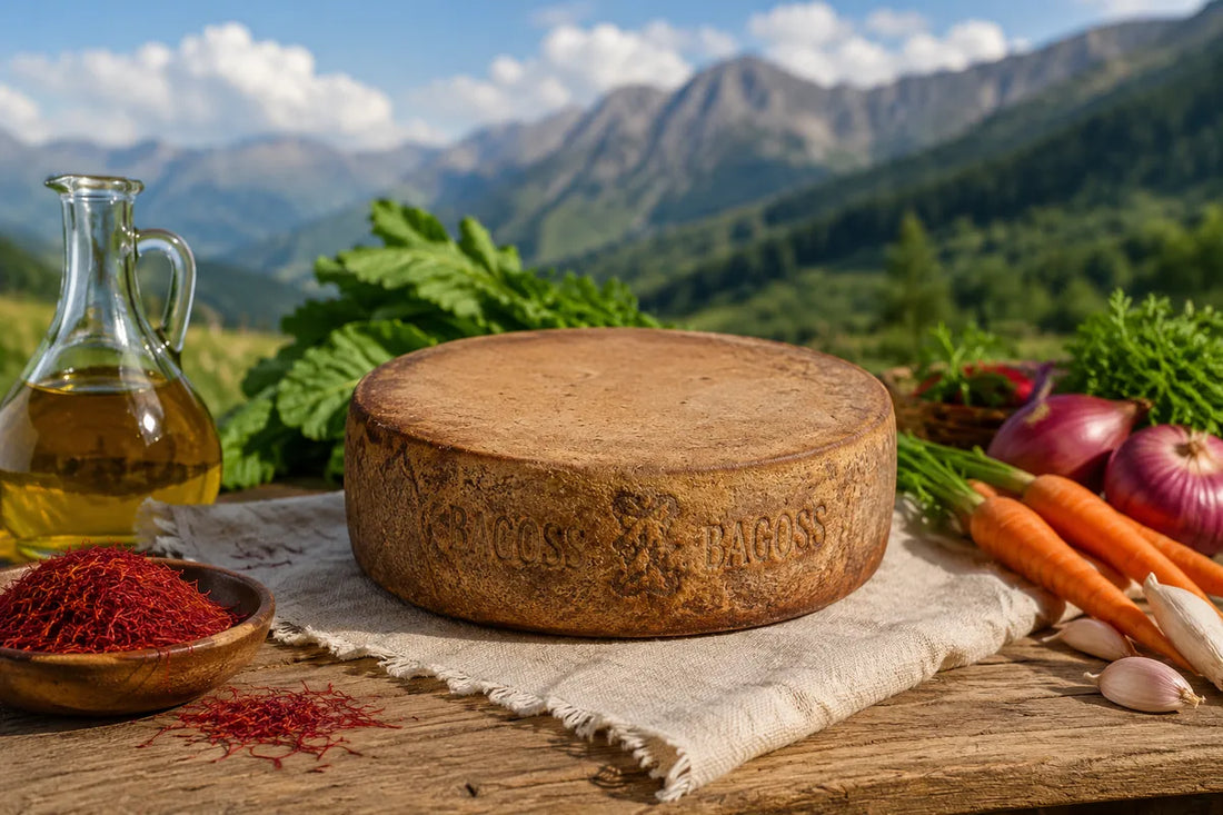 Bagoss saffron cheese from Val Sabbia on rustic wooden table with Lombardy mountains