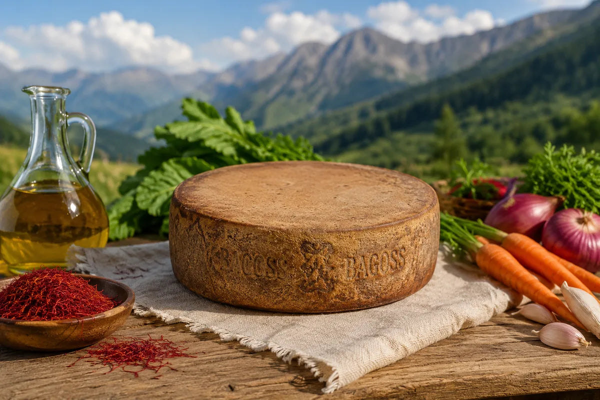 Bagoss saffron cheese from Val Sabbia on rustic wooden table with Lombardy mountains