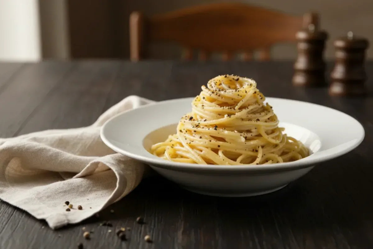 Authentic Roman cacio e pepe recipe with Pecorino Romano DOP and black pepper