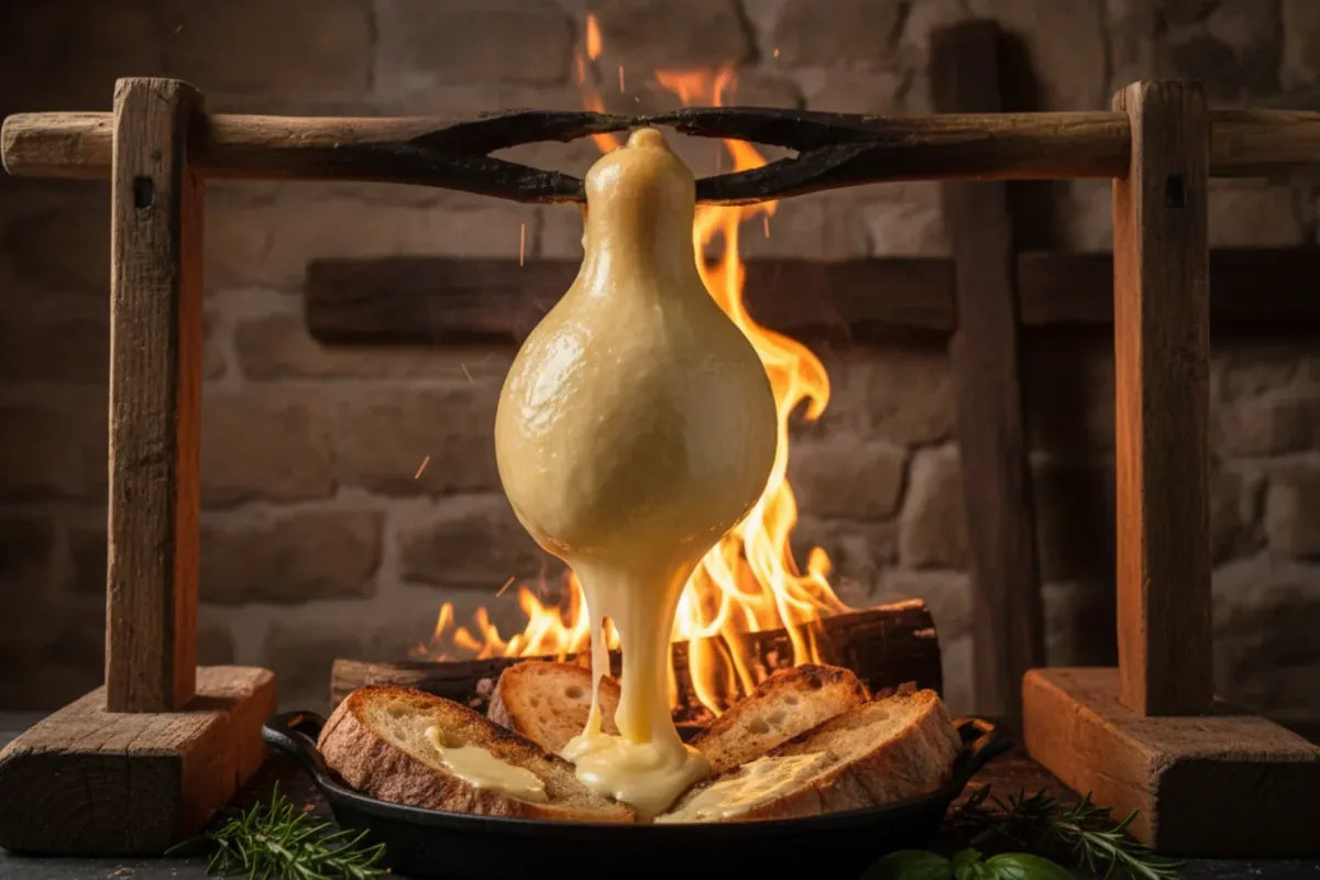 Caciocavallo impiccato melted over fire, traditional Southern Italian cheese recipe