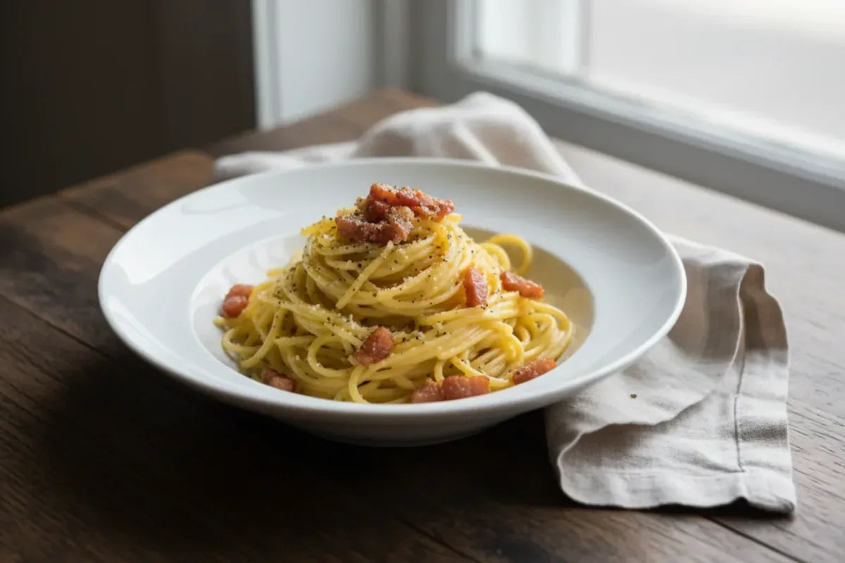 Authentic Roman carbonara recipe with Pecorino Romano DOP and Guanciale