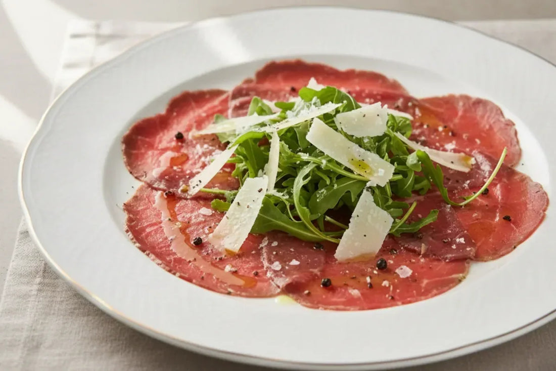 Beef carpaccio with Gran Maddalena cheese shavings, elegant Italian appetizer recipe
