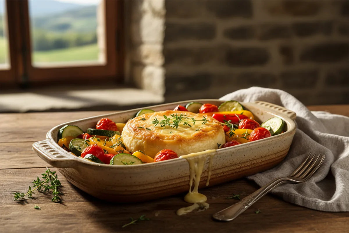 Formagella Tremosine baked with seasonal vegetables — creamy Lake Garda recipe
