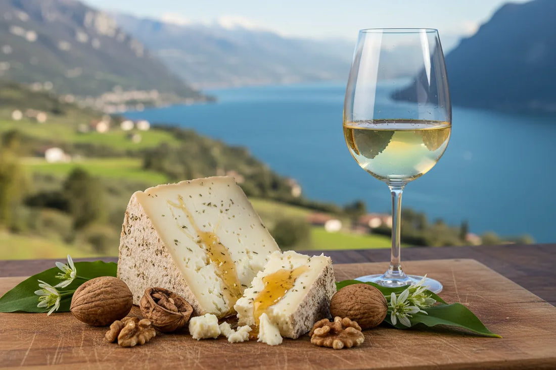 Formagella Tremosine cheese on a wooden board with wild garlic, walnuts, chestnut honey and a glass of Lugana white wine