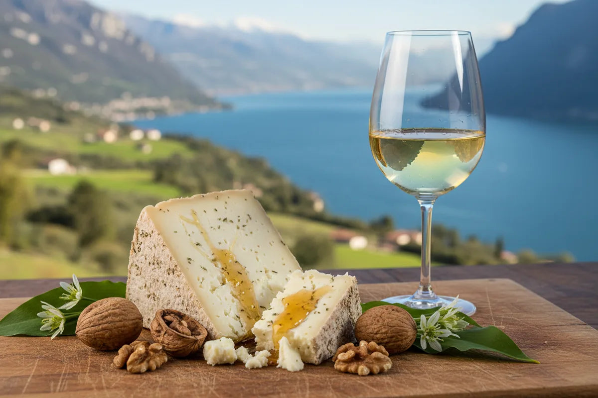 Formagella Tremosine cheese on a wooden board with wild garlic, walnuts, chestnut honey and a glass of Lugana white wine