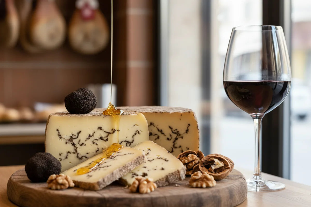 Italian truffle cheese sliced on a wooden board with black truffles, honey and a glass of red wine