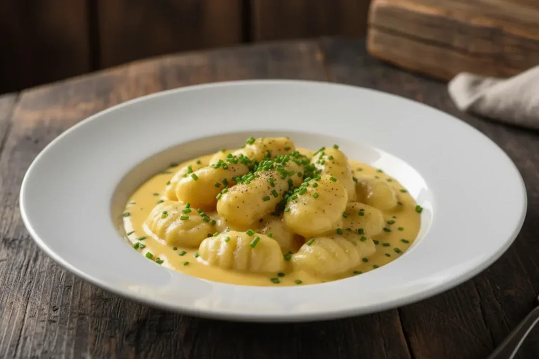 Creamy gnocchi with Montasio DOP cheese fondue, traditional alpine Italian recipe