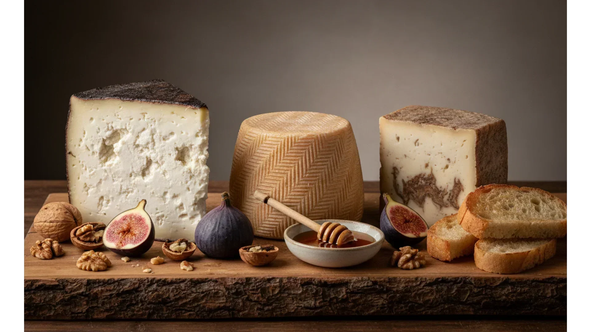 Selezione di pecorini italiani — Pecorino Romano DOP Cappato Nero, Pecorino Sardo e Pecorino Moliterno con fichi freschi, miele di castagno e noci su tagliere rustico