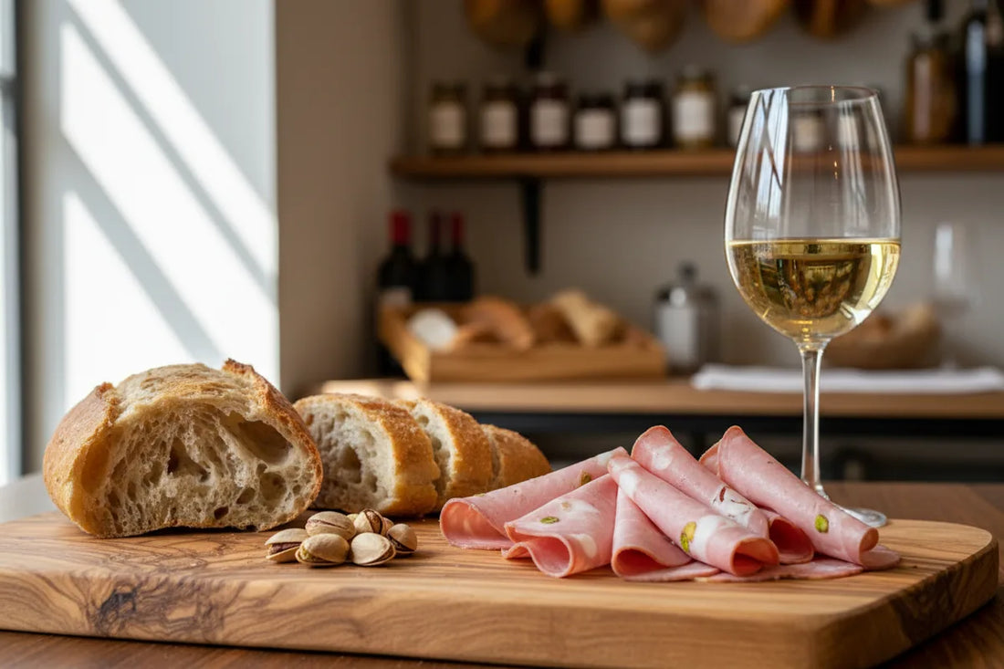 Sliced Italian mortadella on a rustic wooden board with pistachios, fresh bread and white wine