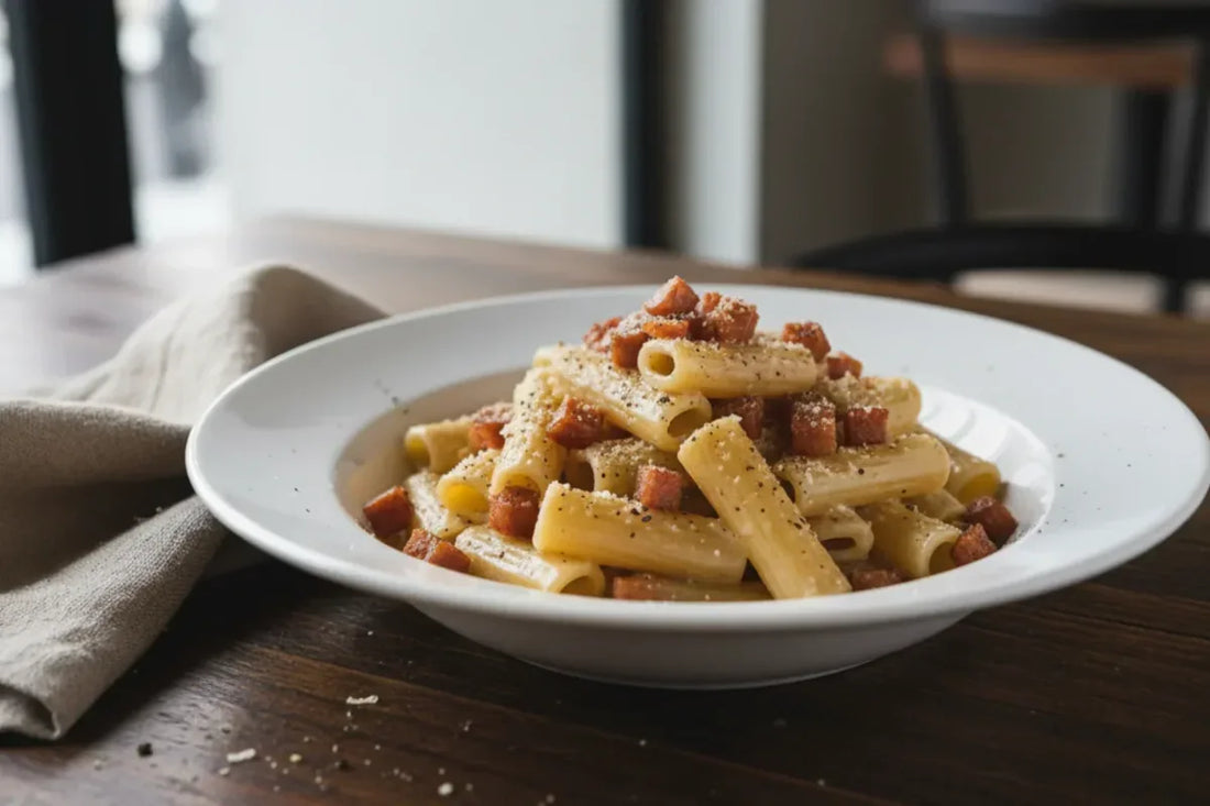 Authentic Roman pasta alla Gricia recipe with Guanciale and Pecorino Romano DOP