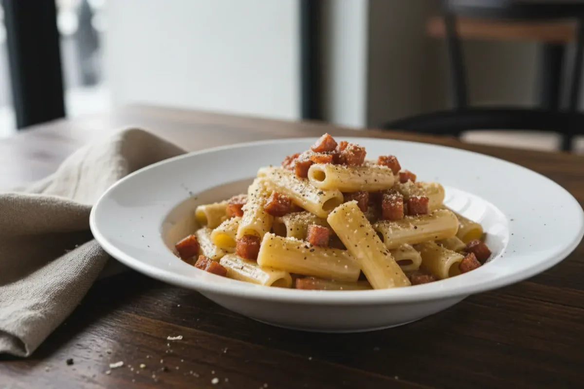 Authentic Roman pasta alla Gricia recipe with Guanciale and Pecorino Romano DOP