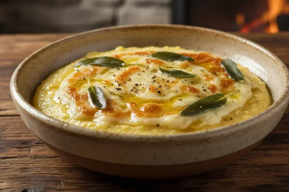 Polenta with melted Bombolone Monte Pora cheese, traditional Bergamo comfort food