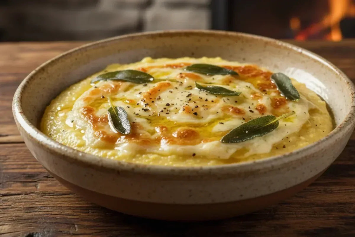 Polenta with melted Bombolone Monte Pora cheese, traditional Bergamo comfort food