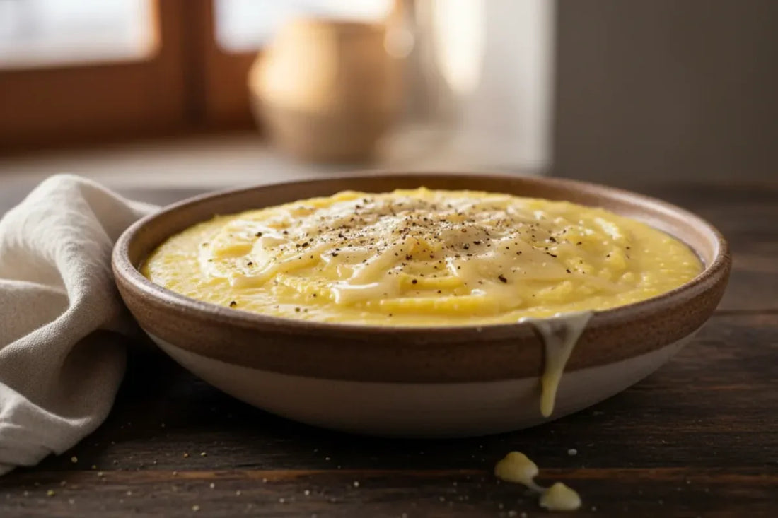 Creamy Italian polenta with alpine cheeses, traditional winter comfort food recipe
