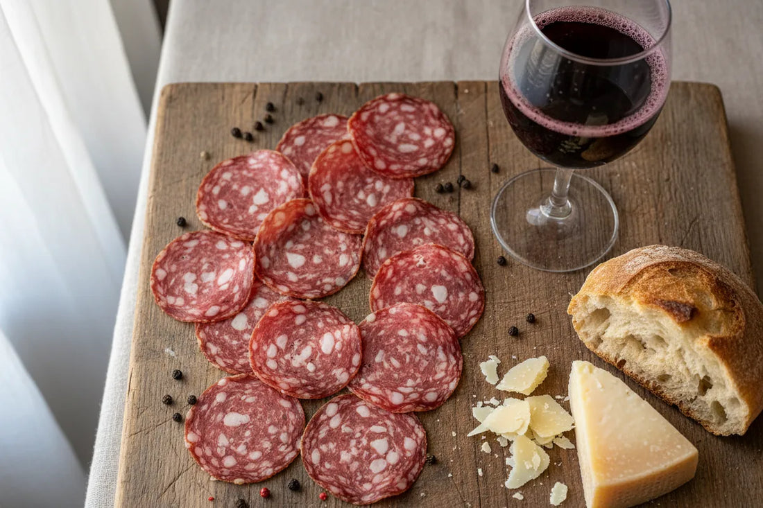 Sliced Salame Felino IGP on a rustic wooden board with black pepper, fresh bread, Parmigiano Reggiano and a glass of Lambrusco