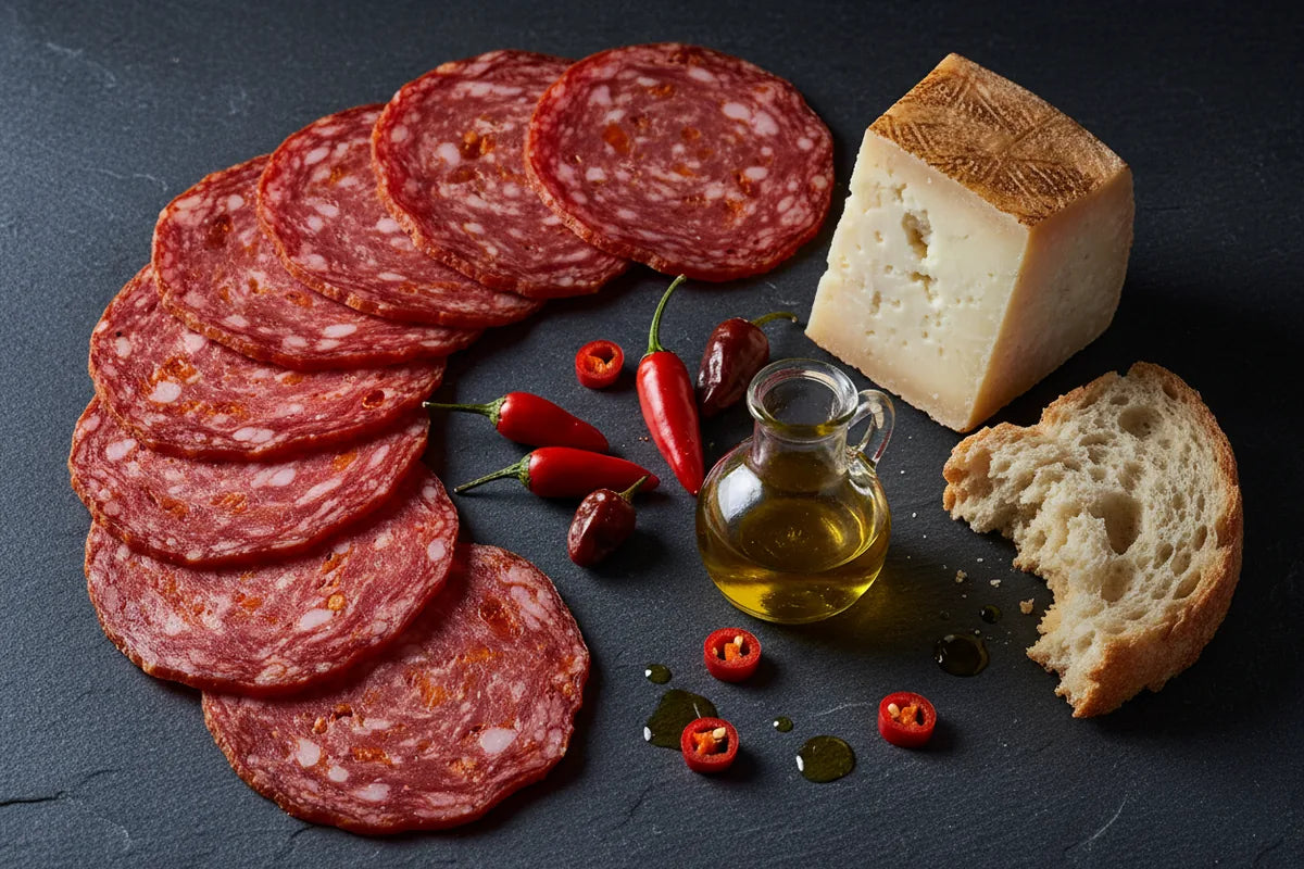 Sliced Spianata Calabra spicy flat salami on dark stone with Calabrian chili peppers, aged pecorino, crusty bread and olive oil