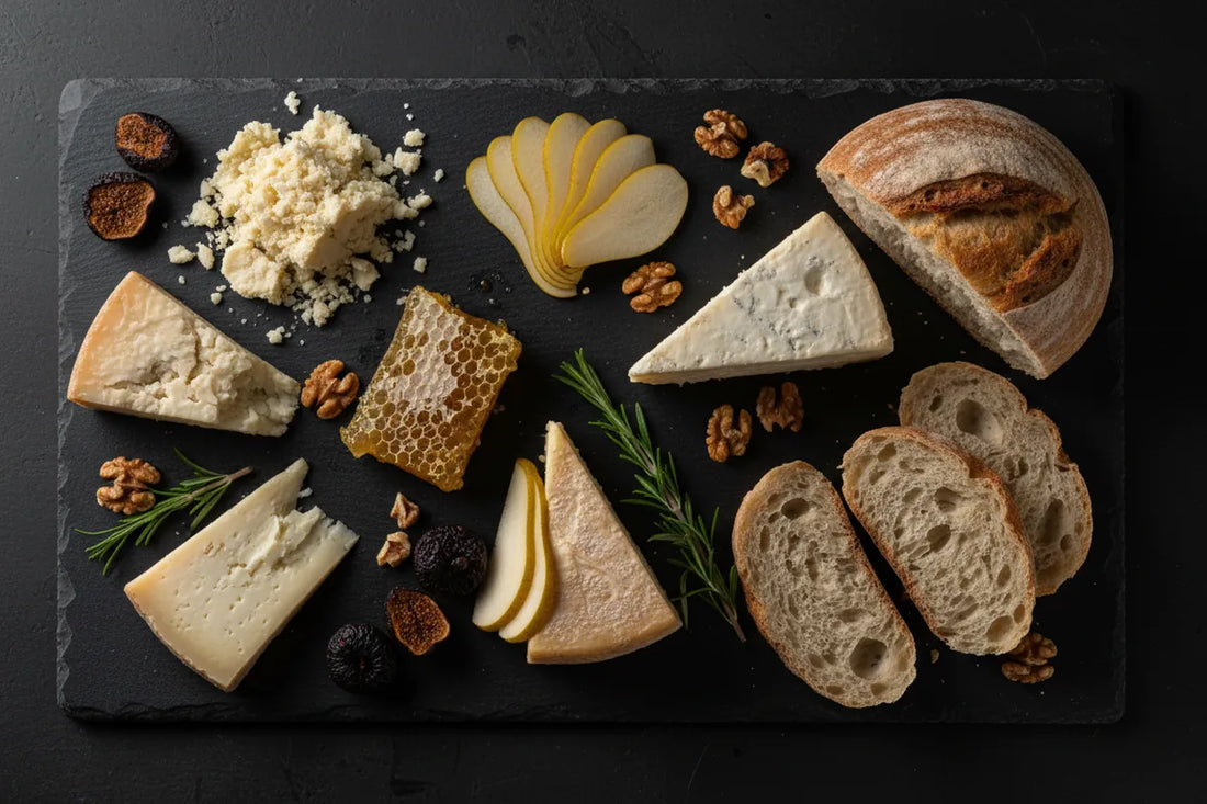 Italian alpine cheese board with assorted mountain cheeses, honeycomb, dried figs, walnuts, sliced pears and artisan bread on dark slate