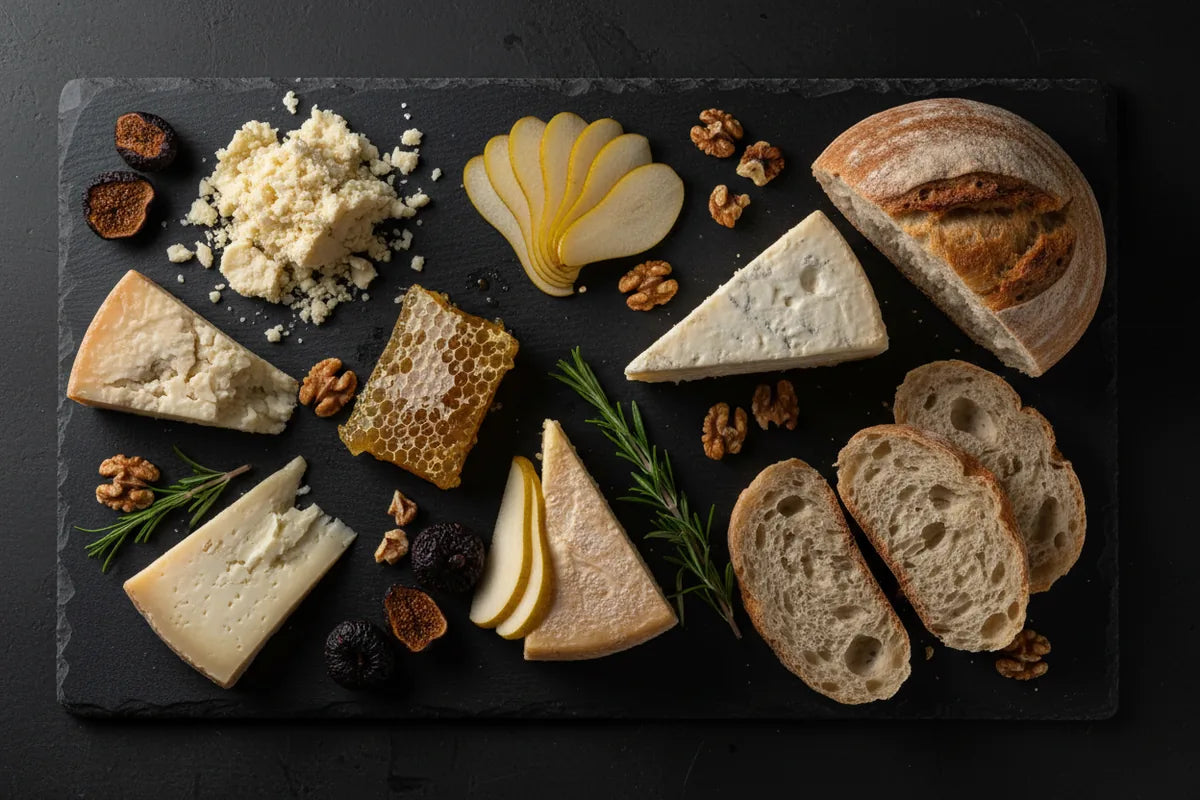 Italian alpine cheese board with assorted mountain cheeses, honeycomb, dried figs, walnuts, sliced pears and artisan bread on dark slate