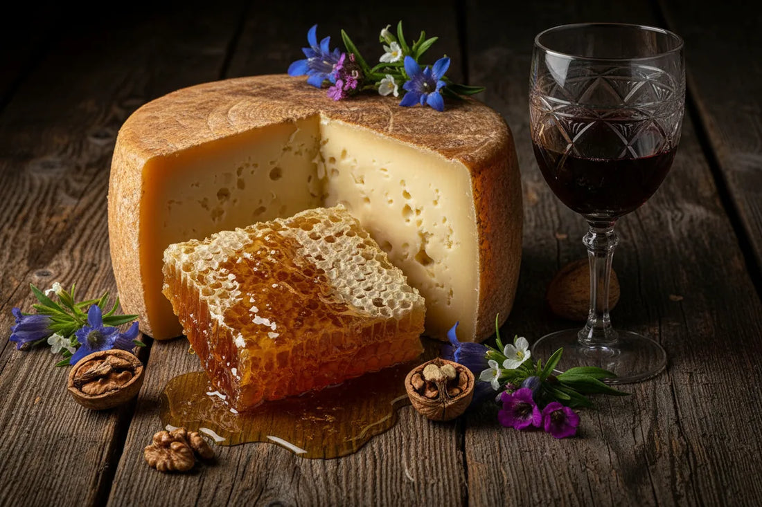 Toma di Gressoney alpine cheese with golden crust on dark wood, with wild alpine flowers, honeycomb, walnuts and a glass of red wine