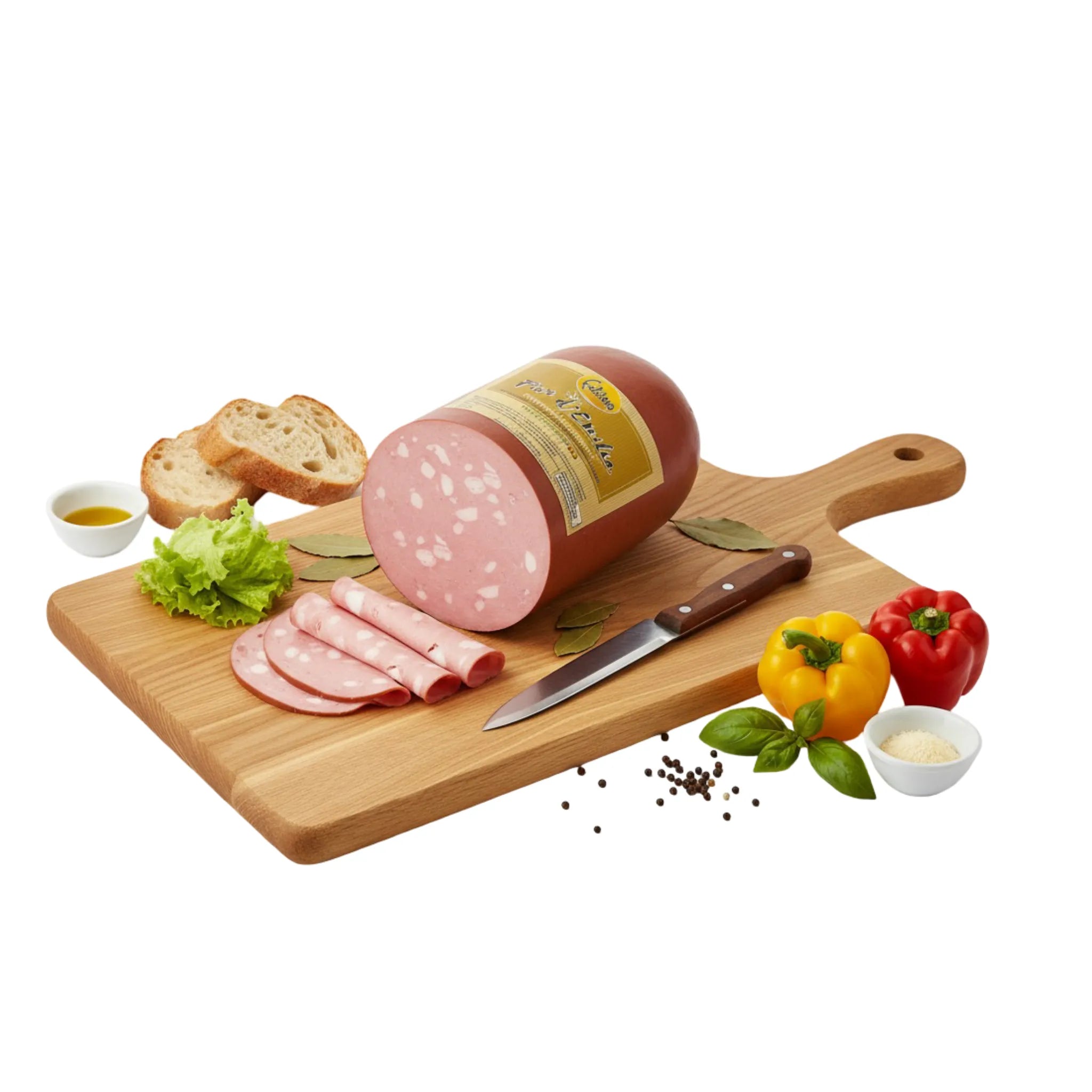 Mortadella Felsineo Fior d’Emilia su sfondo bianco