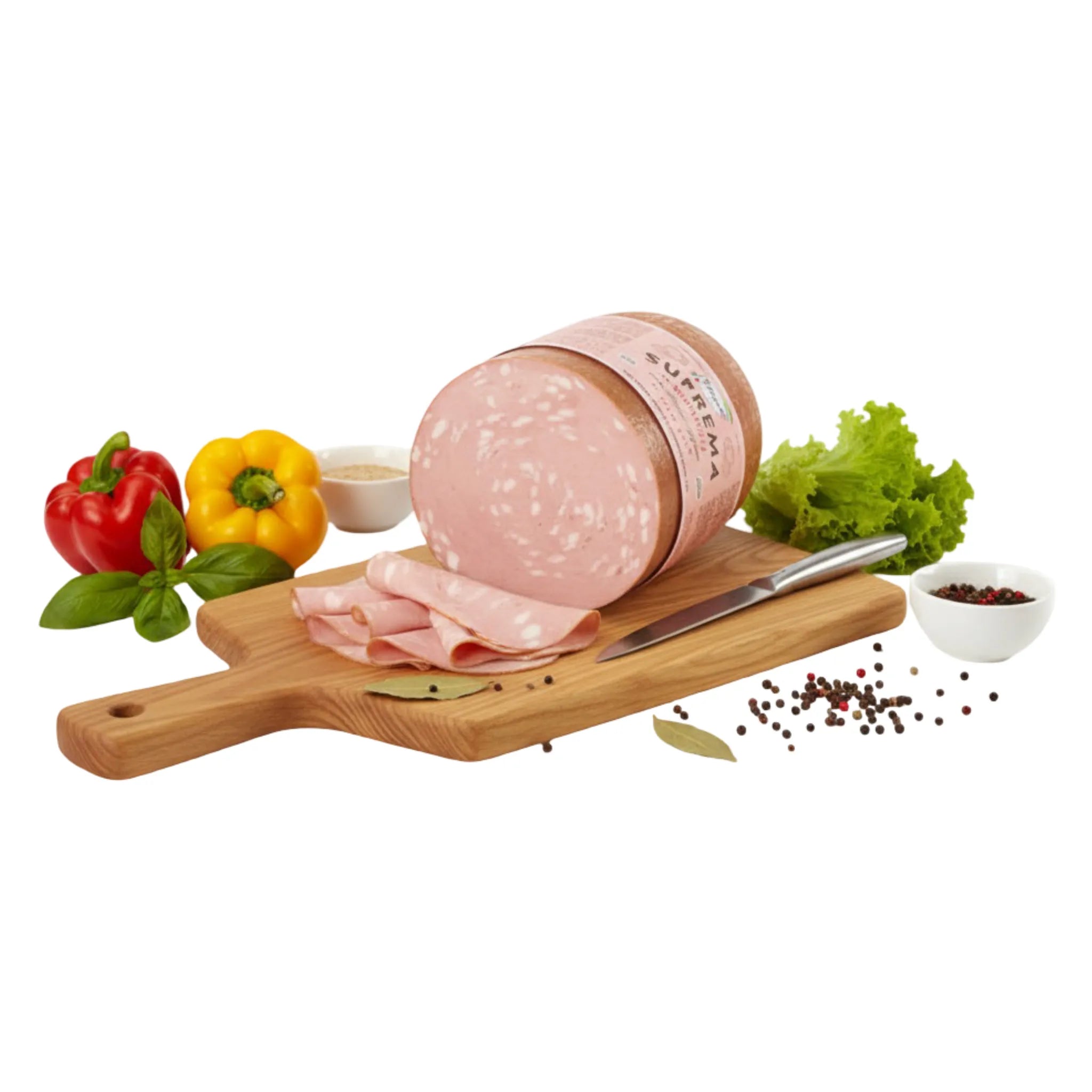 Mortadella Suprema Fiorucci senza Pistacchio su sfondo bianco