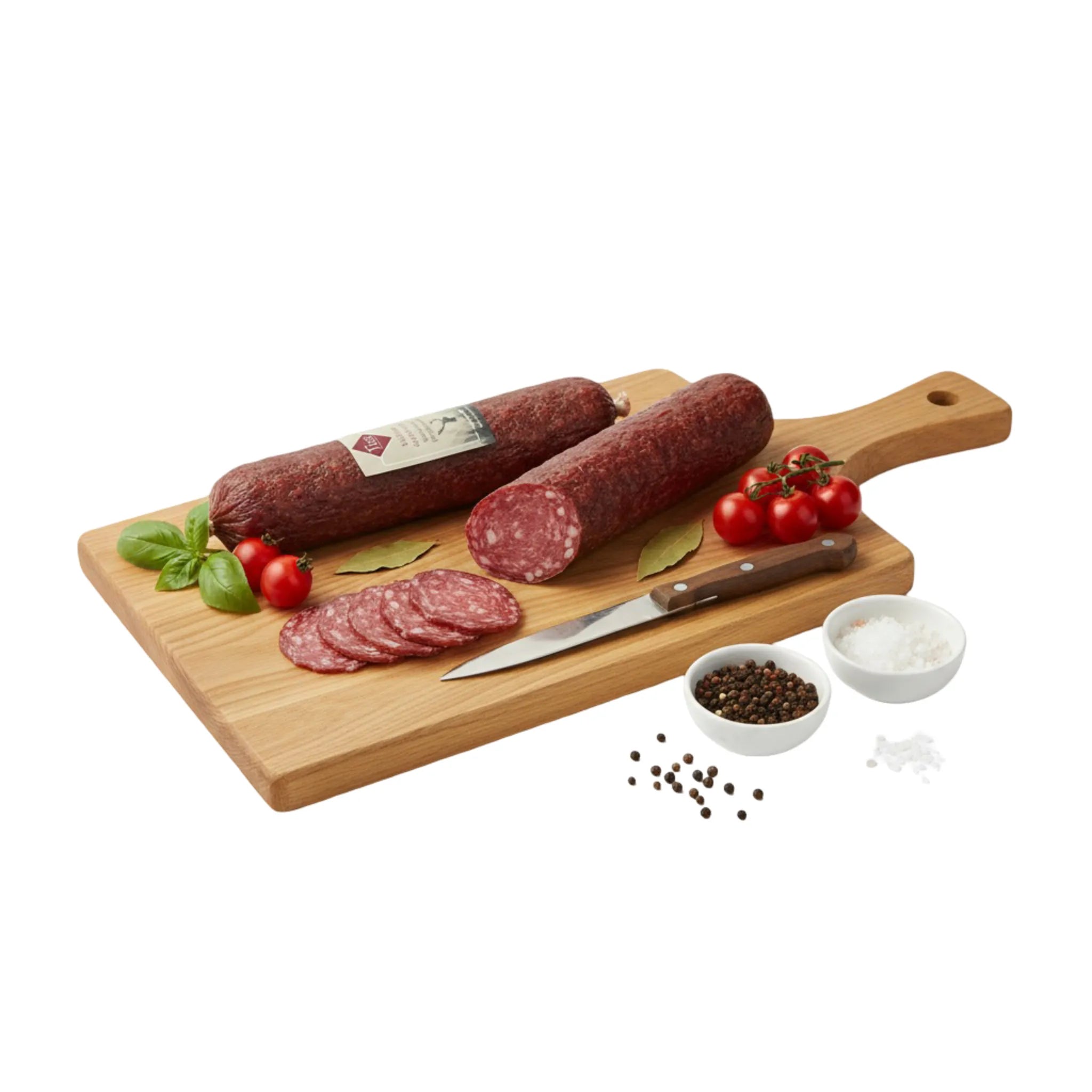 Salame con Cervo Tito Speck su sfondo bianco