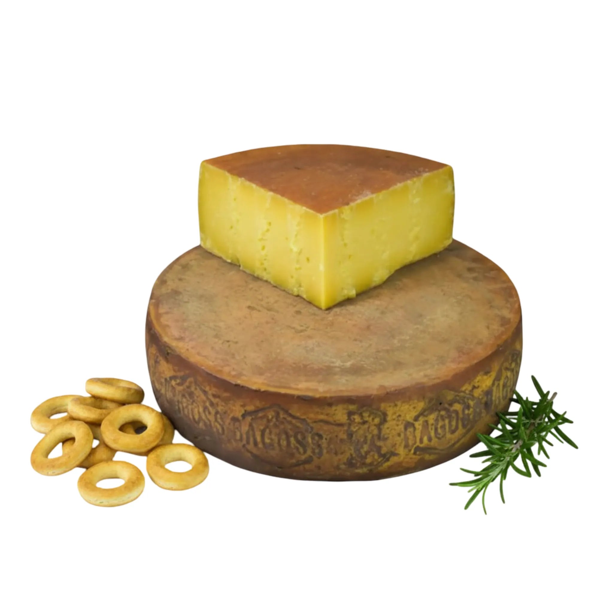 Formaggio Bagoss su sfondo bianco